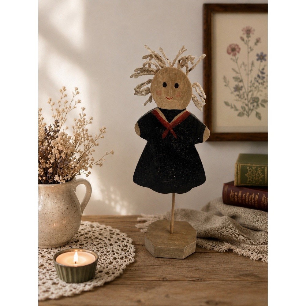 Vtg Handmade Primitive Girl sailor dress wood cutout on stand decor country 14"